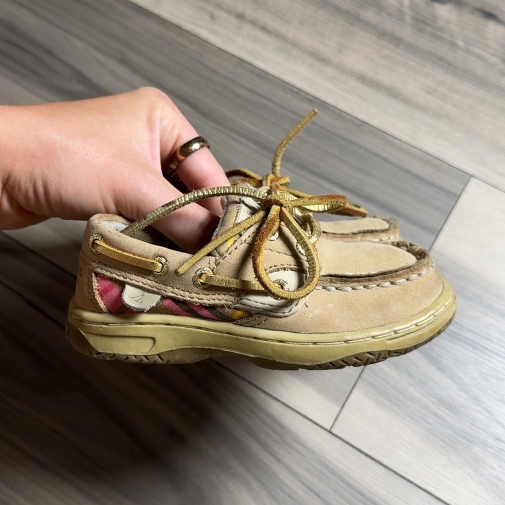Sperry Top-Sider Toddler Bluefish Tan Plaid Leather Boat Shoes 7M CG44257